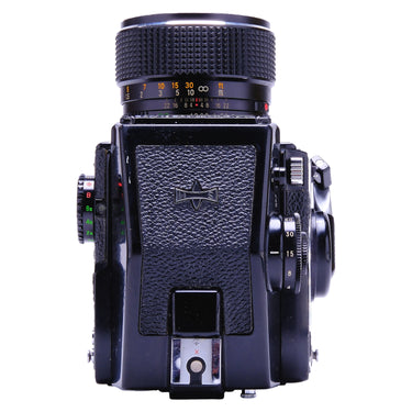 Mamiya 645 1000S left side with shutter speed dial and 80mm lens