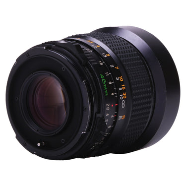 Mamiya Sekor C 45mm f2.8 angled view showing rear mount and rear element