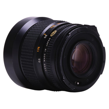 Mamiya Sekor C 45mm f2.8 side view with Lens Made in Japan markings and rear element