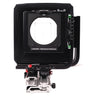 Linhof Technikardan 4x5 front view showing lens standard frame, movement scales, and green control levers