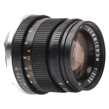 Leica Summicron 50mm f2 v3 side view showing focus distance scale and Summicron branding