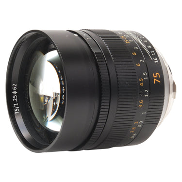 7Artisans 75mm f1.25 II front three-quarter view with focus and aperture scales