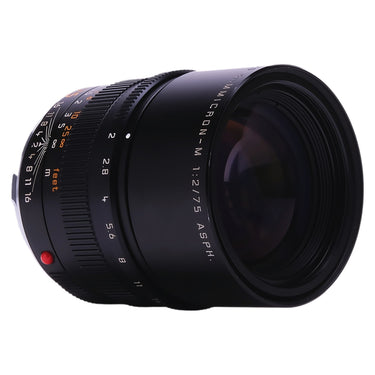 Leica 75mm f2 Apo-Summicron-M side view with front element and engraved barrel