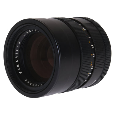 Leica 90mm f2.8 Elmarit-R front angled view with Elmarit-R and aperture engraving
