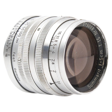 Leica 5cm f1.5 Summarit angled front view showing front element