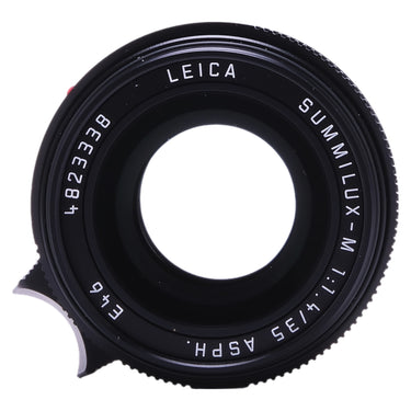 Leica Summilux-M 35mm ASPH front view showing serial number 4823338 and E46 filter ring