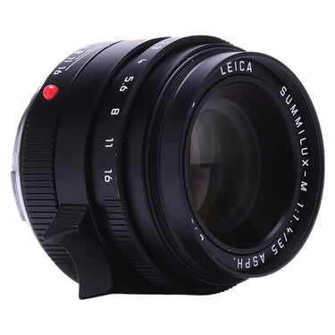 Leica 35mm f1.4 Summilux-M ASPH side view with front element and red mount index