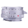 Voigtlander 28mm f2.8 Color-Skopar II silver lens side view showing aperture and depth of field scales
