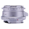 Voigtlander Ultron 35mm f2 II silver lens side view showing aperture and focus scales