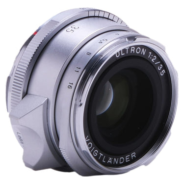 Voigtlander Ultron 35mm f2 II angled front view with aperture scale