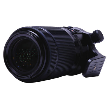 Fujifilm GF 100-200mm angled front view with switches and tripod foot