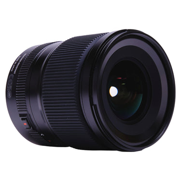 Fujifilm GF 23mm f4 angled front and side view, made in Japan markings