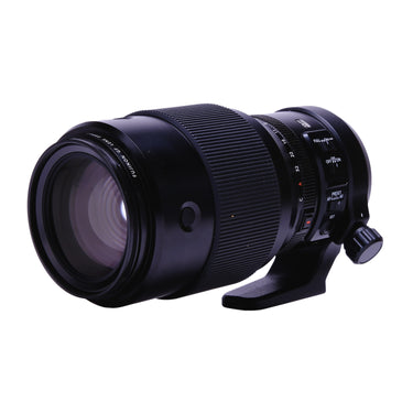 Fujifilm GF 250mm f4 angled view showing focus scale and OIS control switches