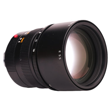 Leica 90mm f2 APO-Summicron-M ASPH angled view showing front glass and E55 filter ring