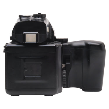 Mamiya 645 Pro TL left side showing film back door and Power Drive grip