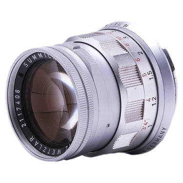 Leica 50mm f2 Summicron front three-quarter view showing serial and made in Germany engraving