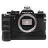 Pentax MX black 35mm SLR front view with bare lens mount and attached winder