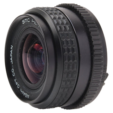 Pentax SMC-M 28mm f2.8 front three-quarter view with serial number 8202160