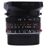 Leica 28mm f2.8 Elmarit-M ASPH with 12520 clip-on hood mounted, front angle showing aperture and distance scales
