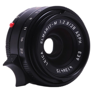 Leica 28mm f2.8 Elmarit-M ASPH front three-quarter view with red focus index and depth of field scale