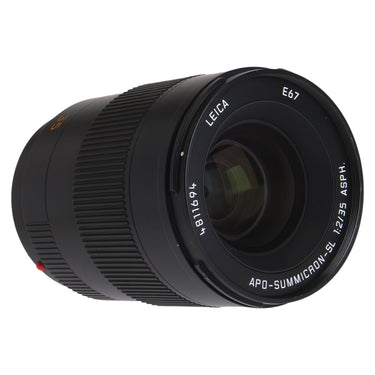 Leica APO-Summicron-SL 35mm f2 lens angled front view with front element, E67 and serial 4811694