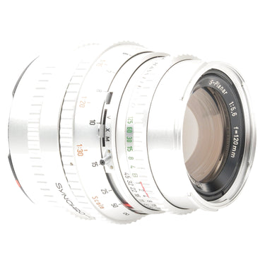 Hasselblad C 120mm f5.6 S-Planar three-quarter front view with front glass and depth of field scale
