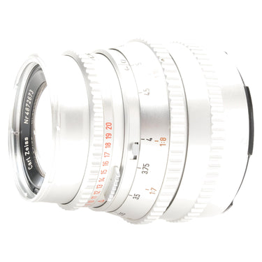 Hasselblad C 120mm f5.6 S-Planar side view showing Carl Zeiss engraving and distance scale