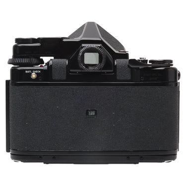 Pentax 6x7 back view showing 120 film indicator and battery check window