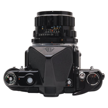 Pentax 6x7 top view showing 105mm lens focus and aperture scales and shutter dial