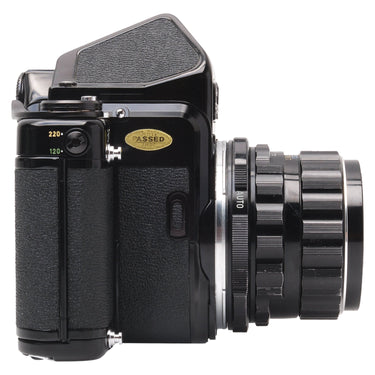 Pentax 6x7 right side with 120/220 selector, PASSED sticker and lens