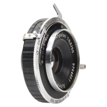 Schneider Angulon in Synchro-Compur shutter, angled side view with cocking lever and speed dial