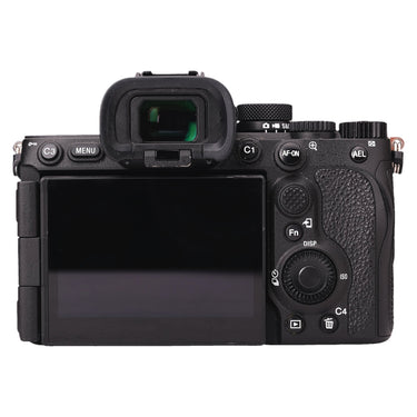 Sony A7R V rear view showing LCD touchscreen, EVF, and rear controls