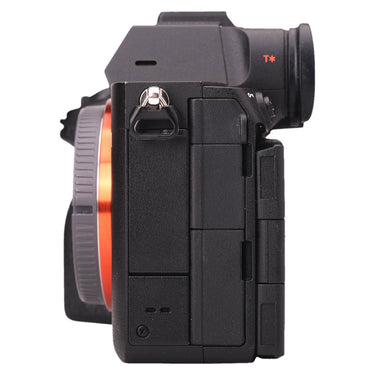 Sony A7R V right side with body cap mounted over the mount