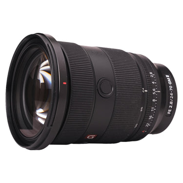Sony FE 24-70mm f2.8 GM II front angled view with G badge and control button