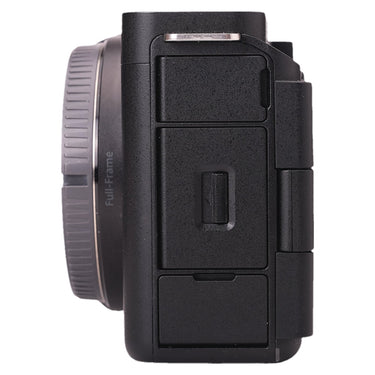 Sony ZV-E1 side view with card and battery doors and body cap mounted