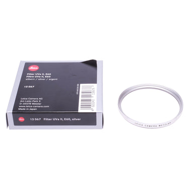 Leica UVa II E60 silver UV filter with original box labeled 13 067 UVa II E60 silver