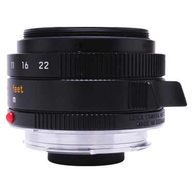 Leica Elmarit-M 28mm f2.8 side view marked Leica Camera Wetzlar Made in Germany