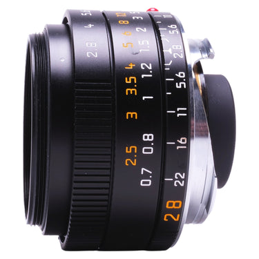 Leica Elmarit-M 28mm f2.8 angled view showing filter thread and mount