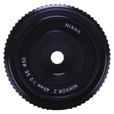 Nikon NIKKOR Z 40mm f2 SE front element with 52mm filter marking