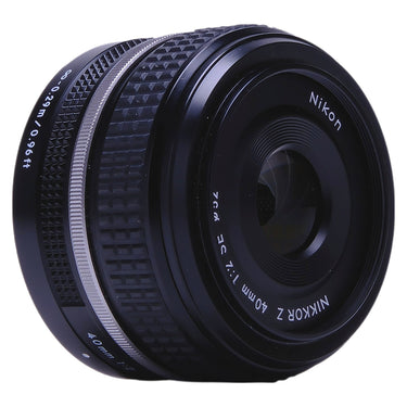 Nikon NIKKOR Z 40mm f2 SE angled front view with focus distance scale
