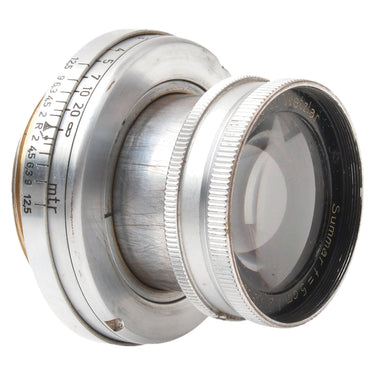 Leica 5cm f2 Summar angled front three-quarter view extended