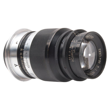 Leica 9cm f4 Elmar angled view showing front element and depth of field scale