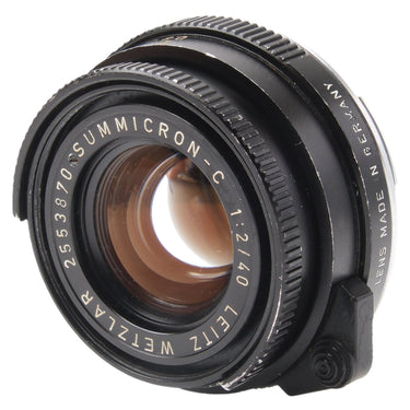 Leica 40mm f2 Summicron-C front angle showing Lens Made in Germany engraving