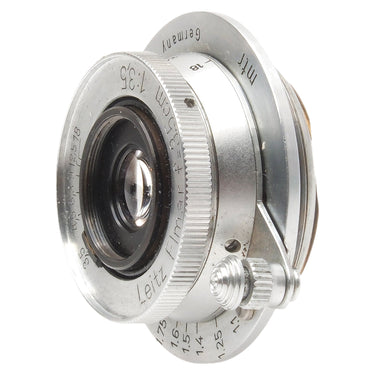 Leica 3.5cm f3.5 Elmar angled front view with infinity lock and aperture markings