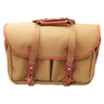 Billingham 335 khaki canvas camera bag front view with tan leather straps and buckles
