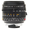 Leica 28mm f1.4 Summilux-M ASPH front three-quarter view showing aperture and focus scales