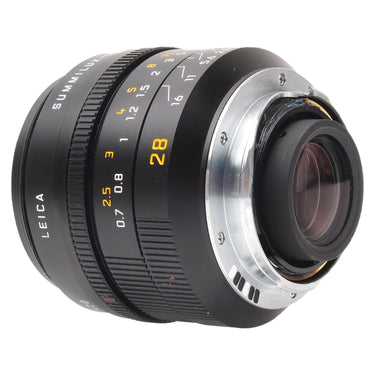 Leica 28mm f1.4 Summilux-M ASPH rear three-quarter showing mount and rear element