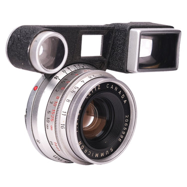 Leica Summicron 35mm f2 lens with goggle finder, angled front view