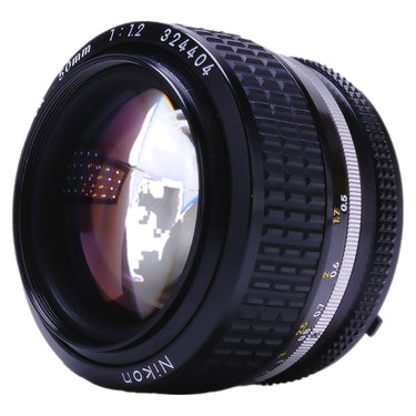 Nikon 50mm f1.2 Nikkor angled front view with distance scale