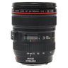 Canon EF 24-105mm f4 L IS USM lens standing upright, front barrel with model markings and distance window